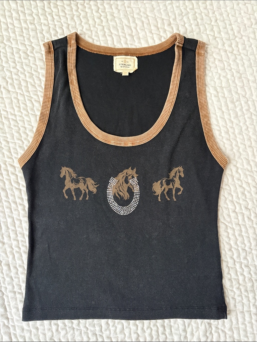 Sterling & Stitch Ribbed Horseshoe Tank Top Horses Embellished Sleeveless Top